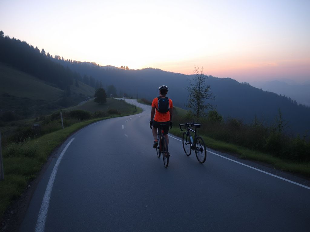 Two cyclists riding through a quiet mountain road at dawn