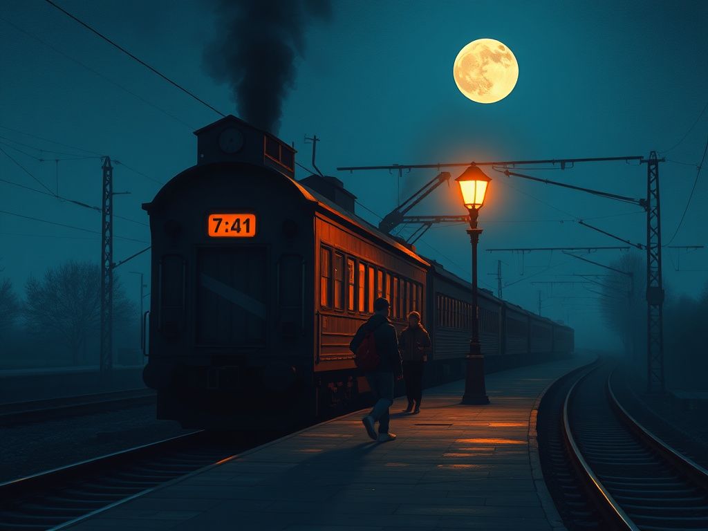 A quiet moonlit train station with two travelers
