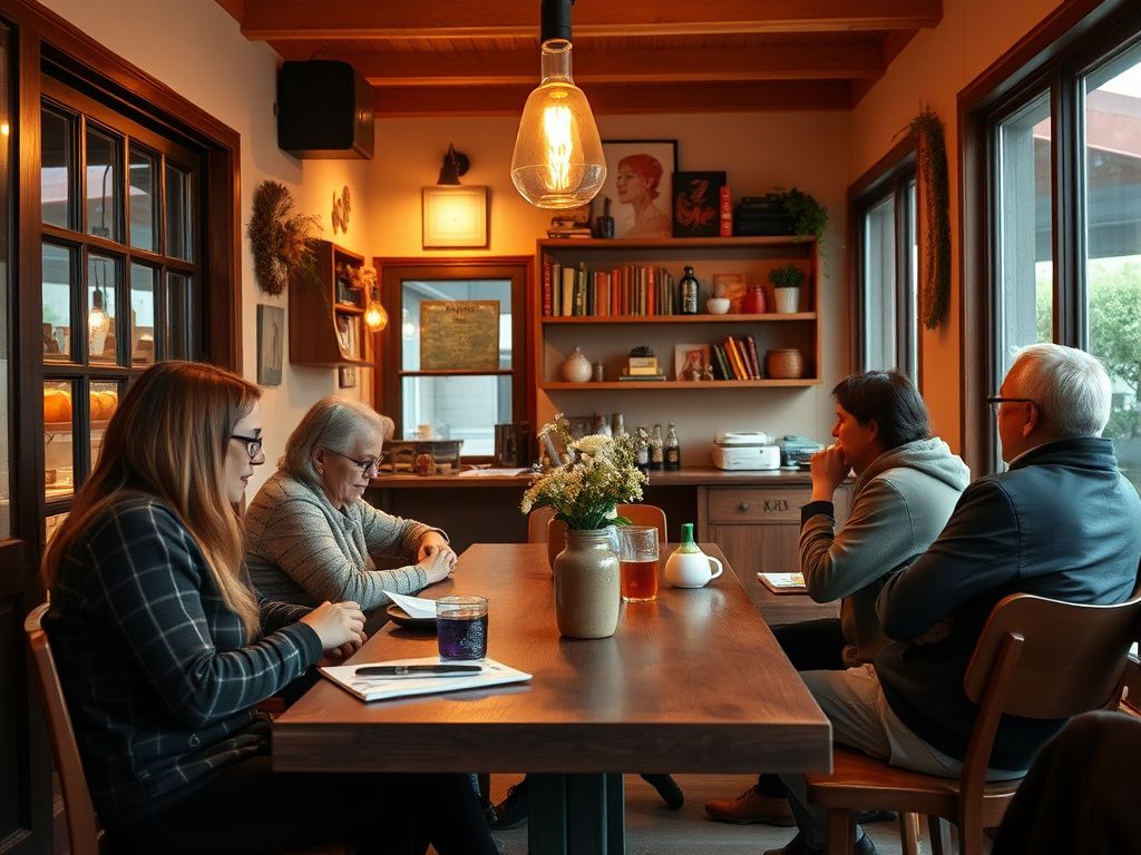 A warm neighborhood cafe with friends talking around a wooden table