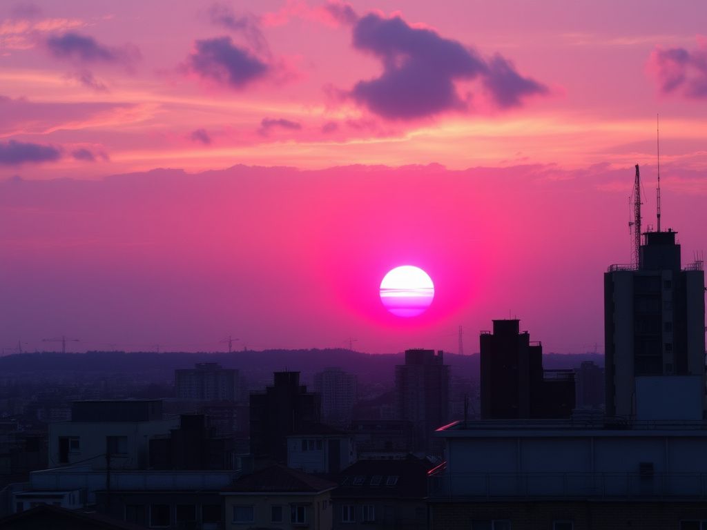 A dramatic city rooftop with a bright purple sunset