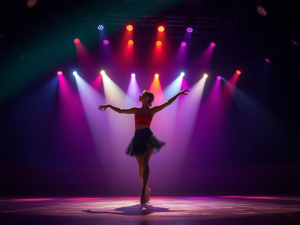 A dancer under colorful stage lights in a modern theater
