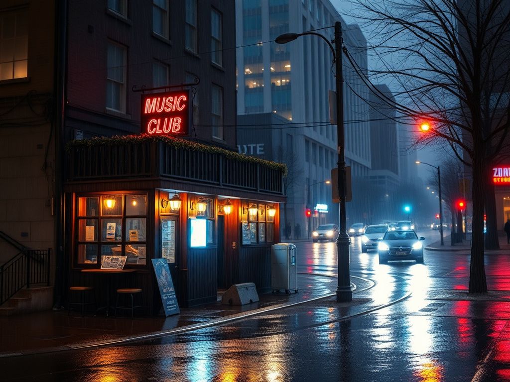 A small music club glowing warmly in a rainy city