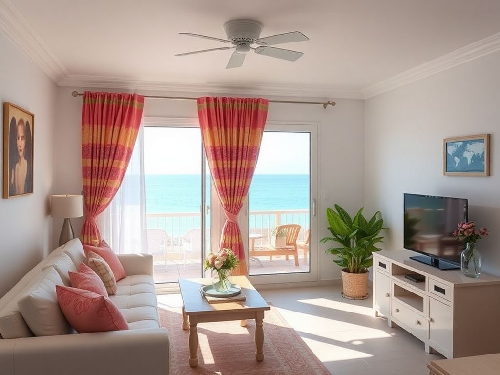 A peaceful seaside apartment with colorful curtains